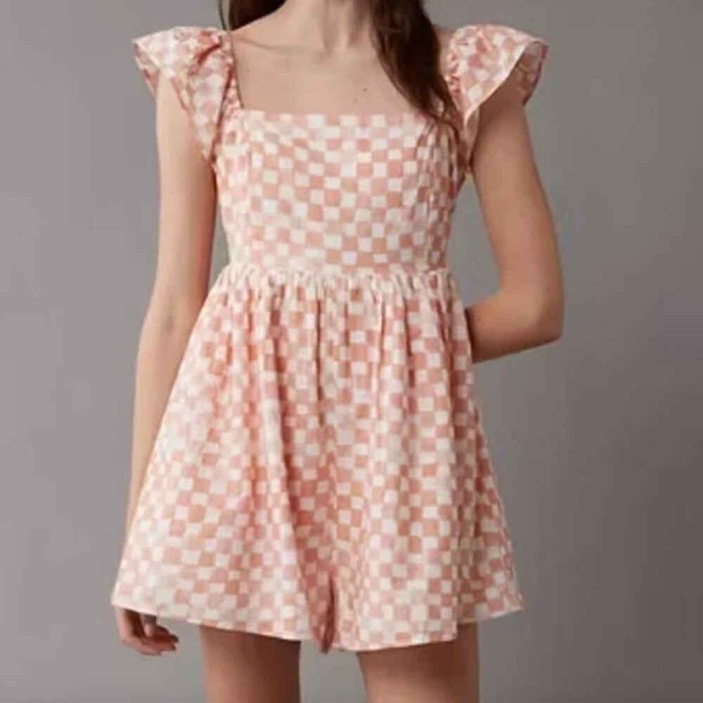 American Eagle Checkered Flutter Sleeve Romper Plaid Cottagecore Size Small